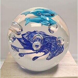 Vintage Glass Paperweight W/ Controlled Blue Bubbles 3" W/ 2 Dolphins Dolphin